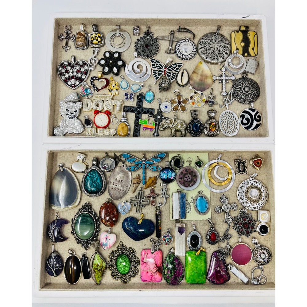 Vintage & Modern Gold & Silver Tone Assorted Necklace Pendant & Charm Lot of 80